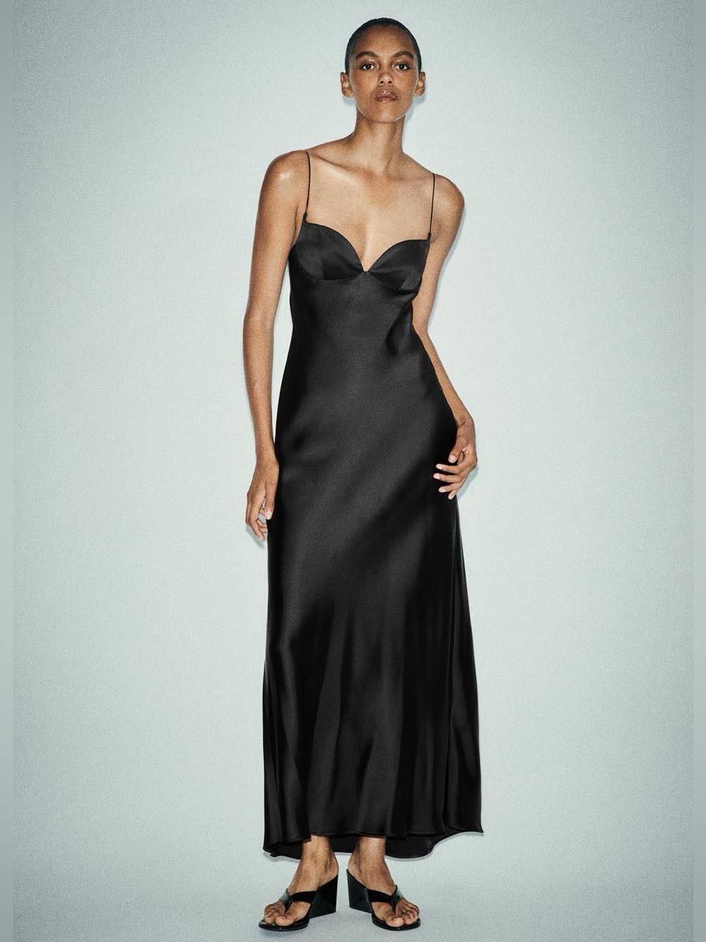 ZARA Long Black Satin Sweetheart Dress S NWT